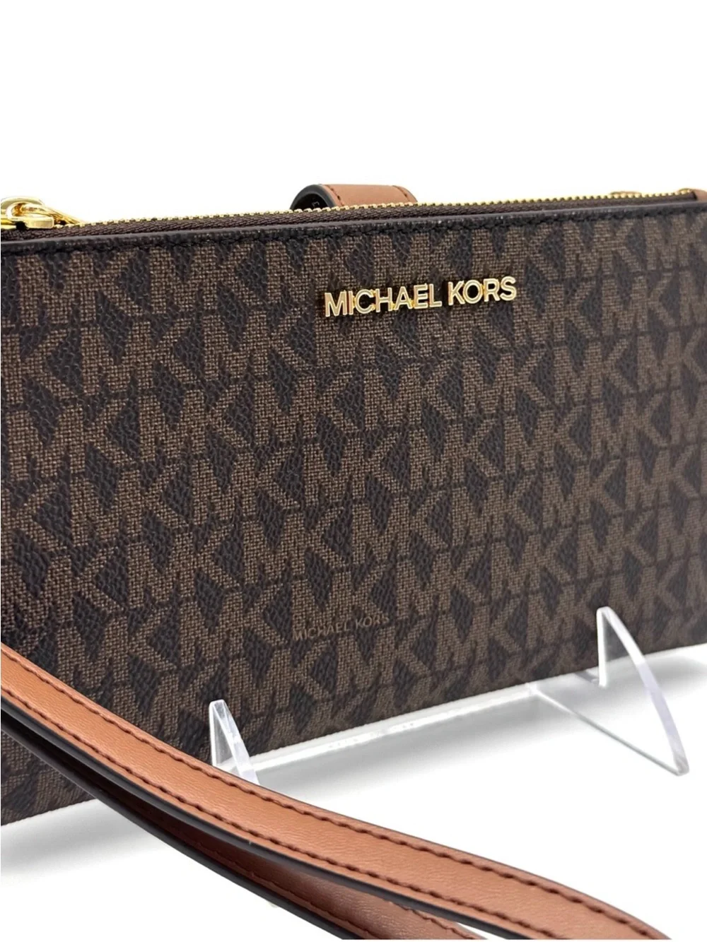 Michael Kors Large Jet Set Travel Logo Double Zip Wallet - Brown Signature
